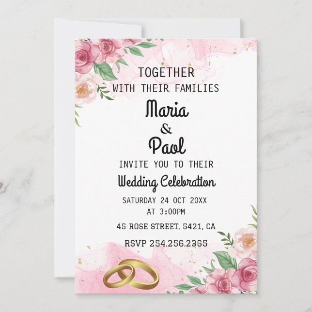 Convite para casamento Elegante, cor-de-rosa, flor (Frente)