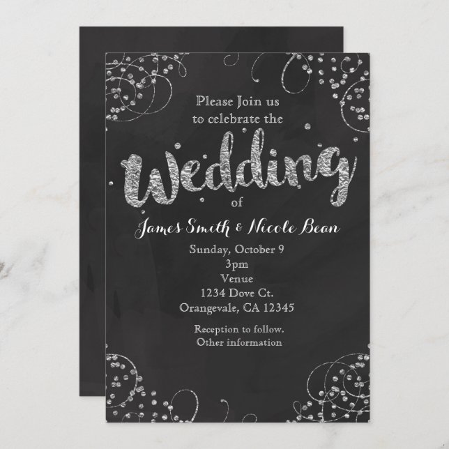 Convite para Casamento Elegante de Black & Silver (Frente/Verso)