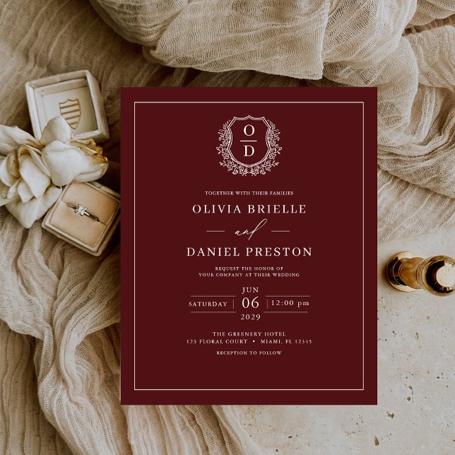 Convite para Casamento Elegante de Crest Burgundy  (Criador carregado)