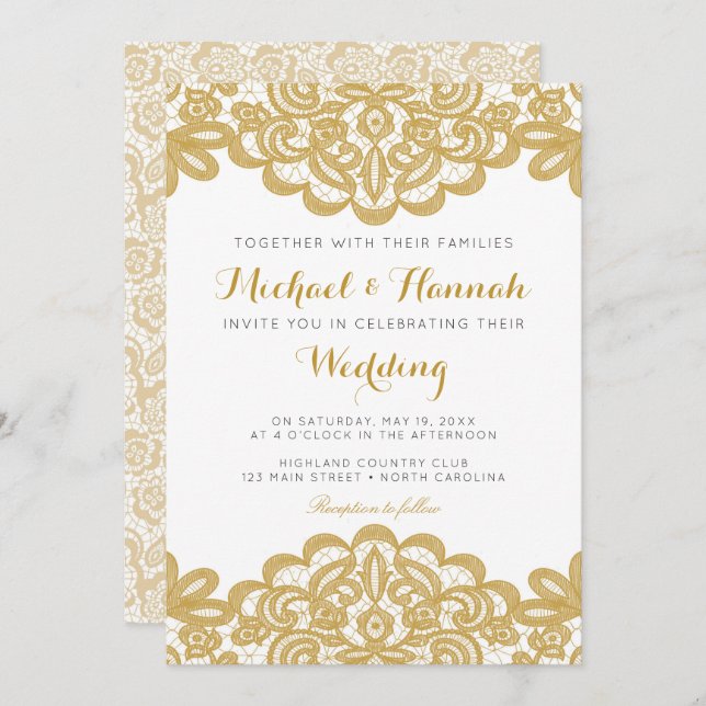 Convite para Casamento Elegante de Dourado Lace (Frente/Verso)