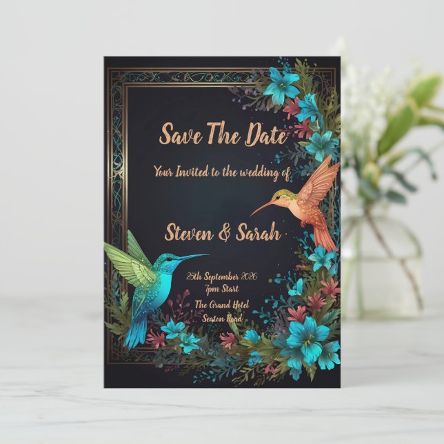 Convite para Casamento Elegante de Hummingbird e F (Em pé/Frente)