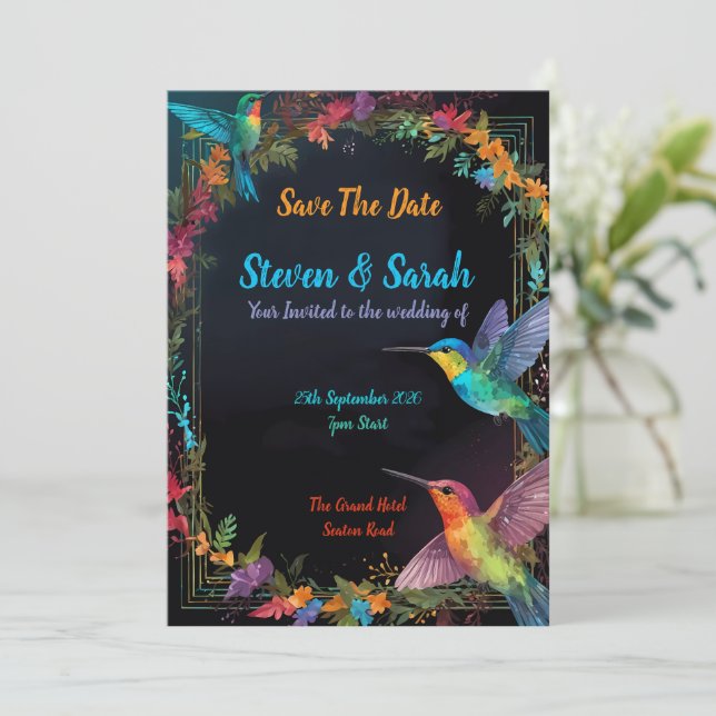 Convite para Casamento Elegante de Hummingbird e F (Em pé/Frente)
