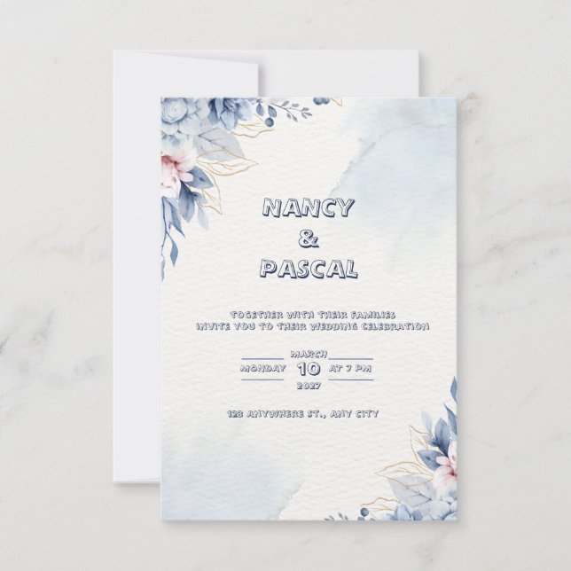 Convite para casamento Elegante de mármore azul e  (Frente)