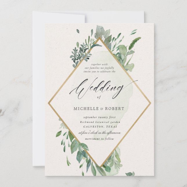 convite para casamento elegante de ouro verde (Frente)