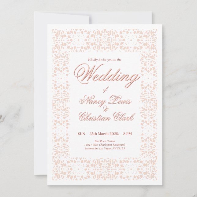 Convite para casamento elegante de renda rosa bran (Frente)