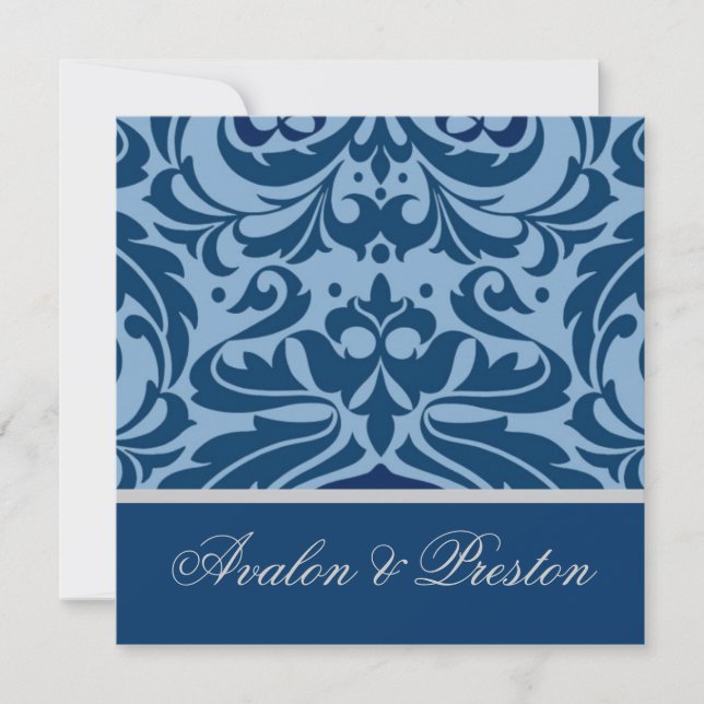 Convite para Casamento Elegante do Damask Azul e P (Frente)