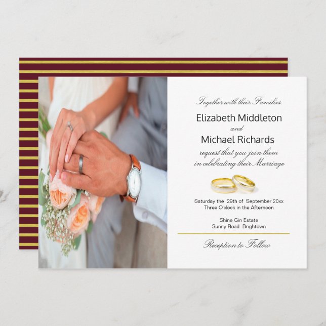 Convite para Casamento Elegante Dourado Burgundy (Frente/Verso)