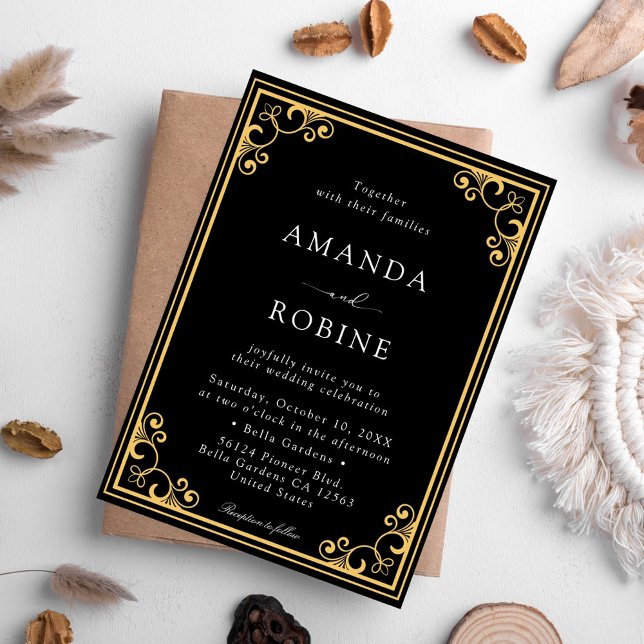 Convite para Casamento Elegante Dourado e Preto Mi (Criador carregado)