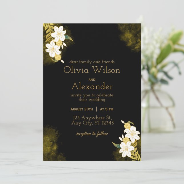 Convite para Casamento Elegante Dourado Negro (Em pé/Frente)