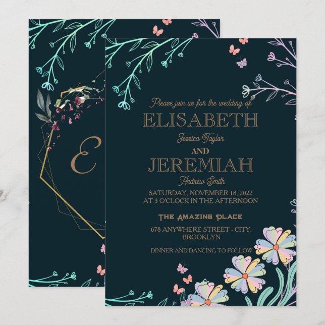 Convite para casamento elegante e verde e luxuoso (Frente/Verso)