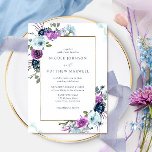 Convite para Casamento Elegante Floral Roxo e Azul
