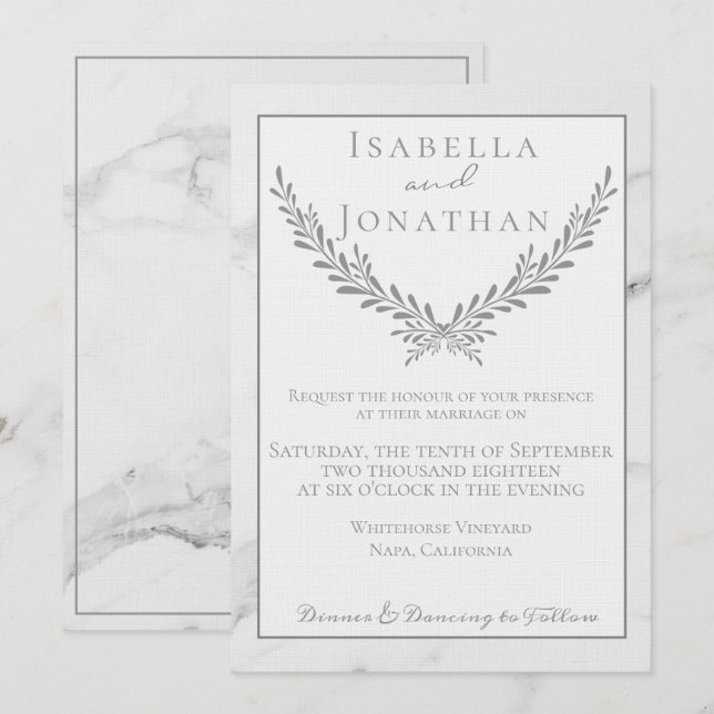 Convite para Casamento Elegante Marble e Wreath (Frente/Verso)