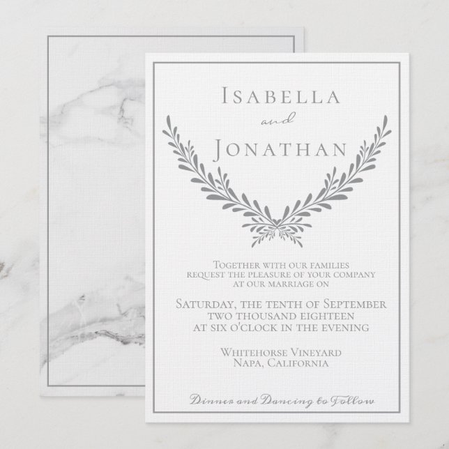 Convite para Casamento Elegante Marble e Wreath (Frente/Verso)