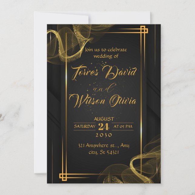 Convite para Casamento Elegante Preto e Dourado (Frente)