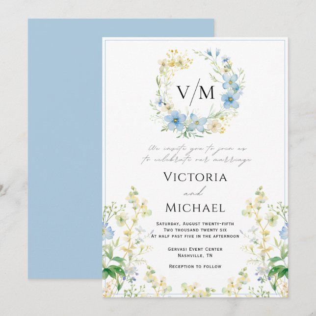 Convite para Casamento Elegante Romântico Azul Flo (Frente/Verso)