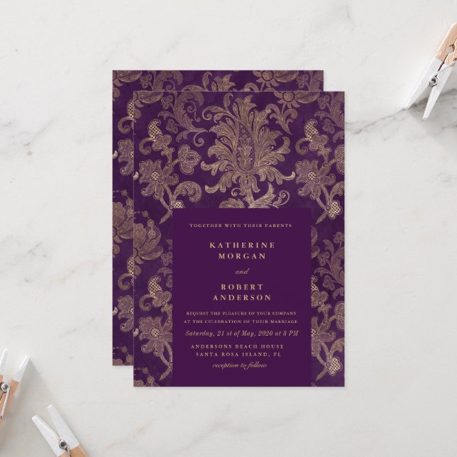 Convite para Casamento Elegante Roxo Real Damask (Frente/Verso In Situ)