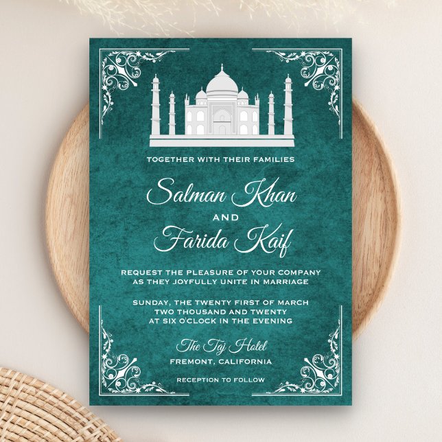 Convite para Casamento Elegante Taj Mahal Teal Ara (Criador carregado)