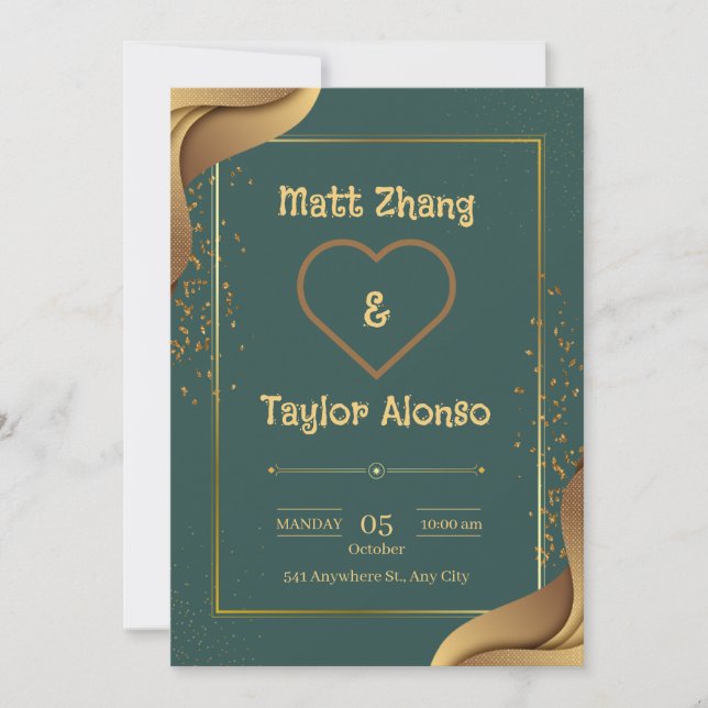 Convite Para Casamento Elegante Verde E Dourado (Frente)