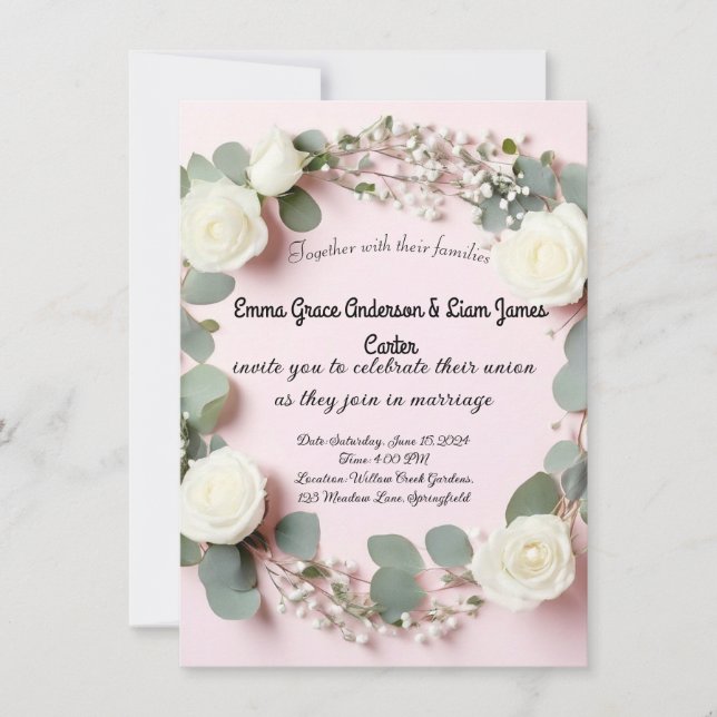 Convite para Casamento Elegante White Rose & Eucal (Frente)