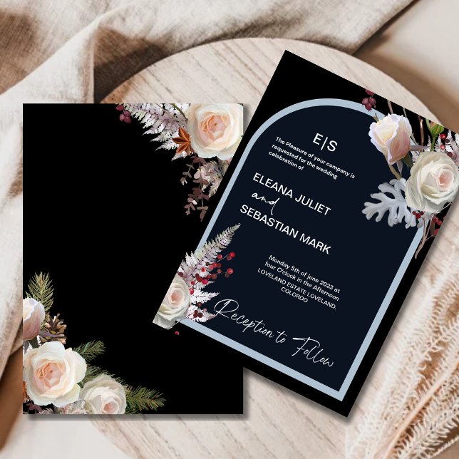 Convite para Casamento Elegente Negro Floral (Criador carregado)