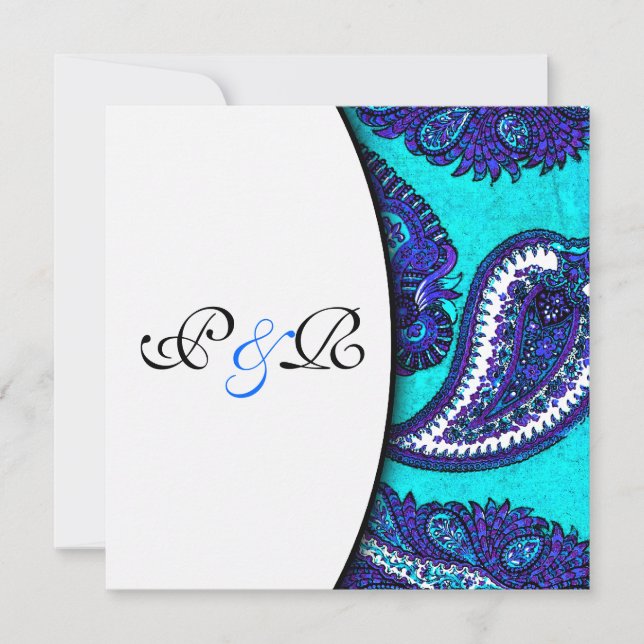 Convite Para Casamento Elétrico Aqua Paisley (Frente)
