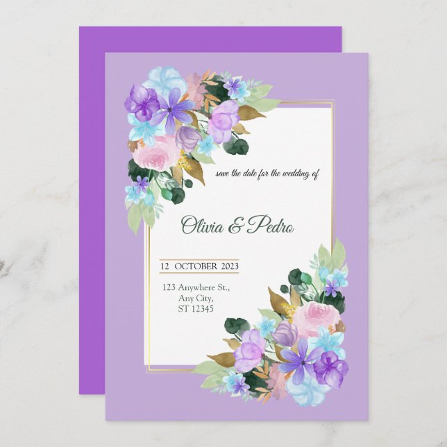 convite para casamento em cor lavander (Frente/Verso)