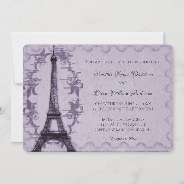 Convite para Casamento em Torre Eiffel Roxo (Frente)