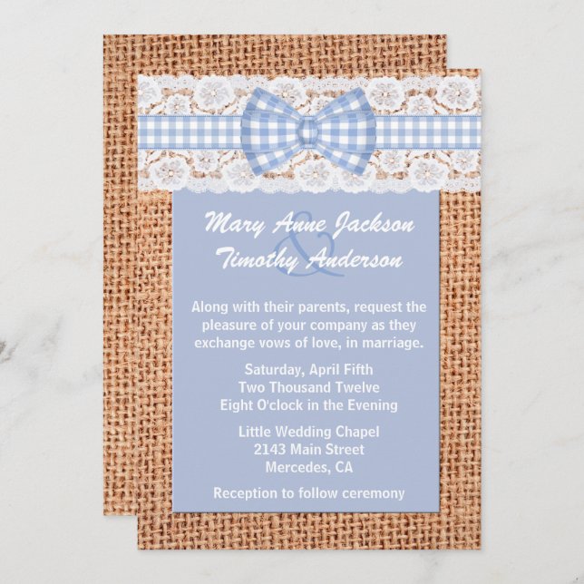 Convite para Casamento entre Burlap e Gingham Coun (Frente/Verso)
