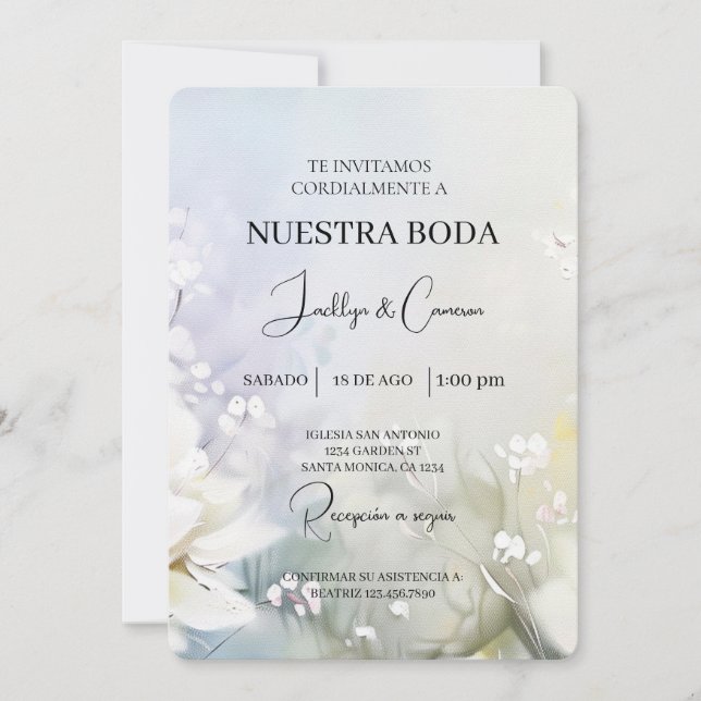 Convite para Casamento Espanhol de Flores Brancas (Frente)
