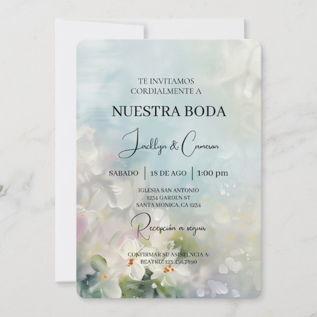 Convite para Casamento Espanhol de Flores Brancas (Frente)