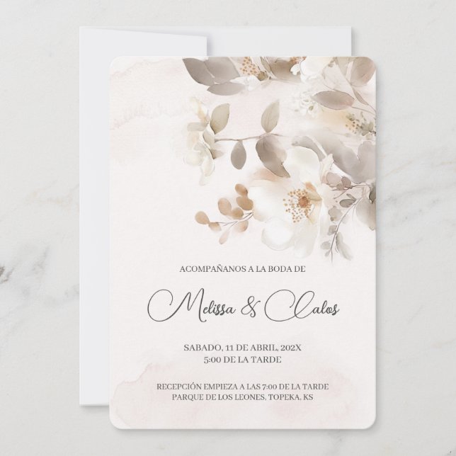 Convite para Casamento Espanhol floral Branco (Frente)