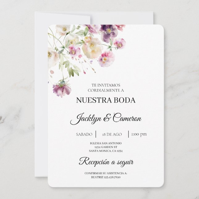 Convite para Casamento Espanhol Purple Floral (Frente)