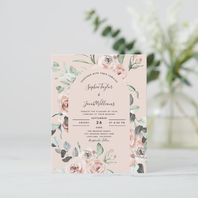 Convite para Casamento Eucalyptus Floral, Cor-de-R (Em pé/Frente)