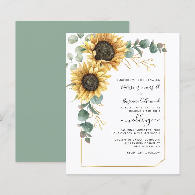 Convite para Casamento Eucalyptus Floral Sunflower (Frente/Verso)