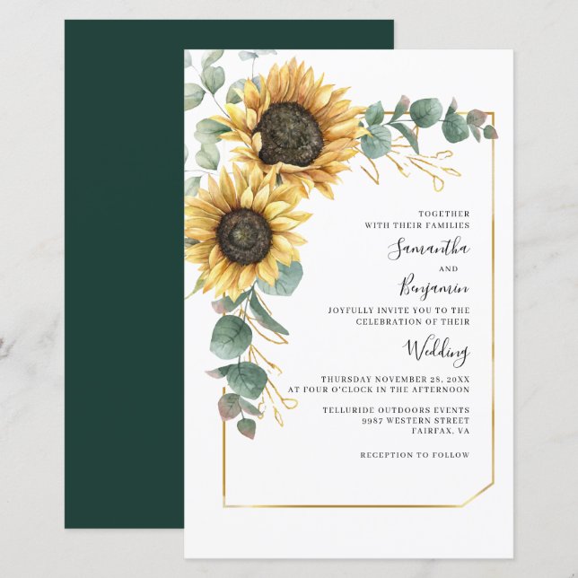 Convite para Casamento Eucalyptus Floral Sunflower (Frente/Verso)