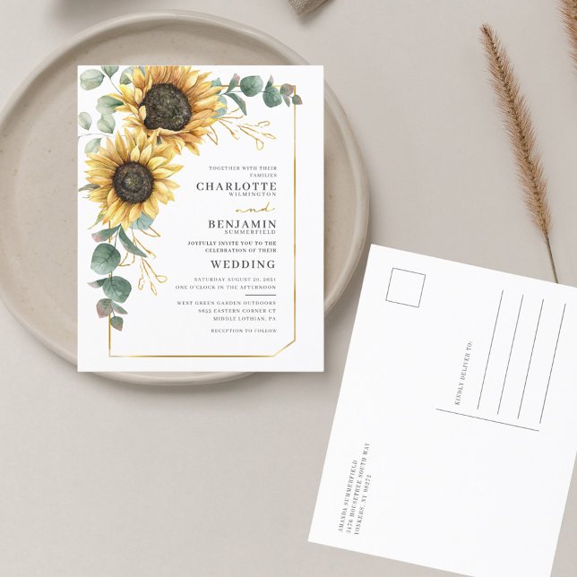 Convite para Casamento Eucalyptus Floral Sunflower (Floral Sunflower Eucalyptus Watercolor Wedding Invitation Postcard)
