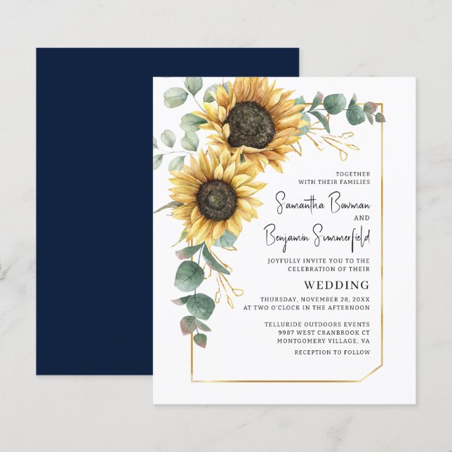 Convite para Casamento Eucalyptus Floral Sunflower (Frente/Verso)