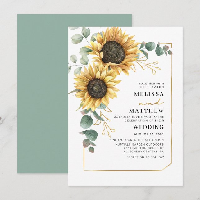 Convite para Casamento Eucalyptus Floral Sunflower (Frente/Verso)