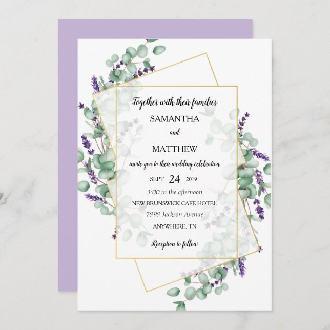 Convite para Casamento Eucalyptus Lavanda Geométri (Frente/Verso)