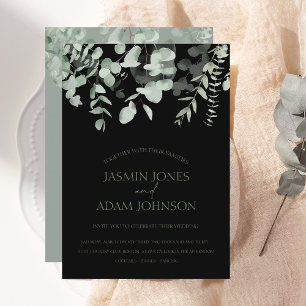 Convite para Casamento Eucalyptus Preto Verde Eleg