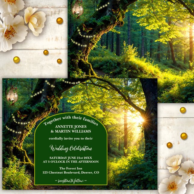 Convite para Casamento Festivo Florestal Encantado (Elegant wedding invitation showing a path in an enchanted forest with festive lights and butterflies)