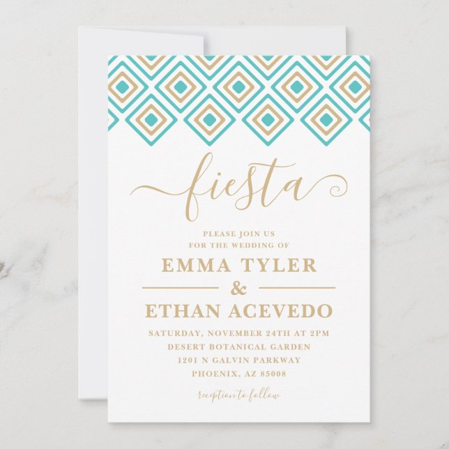 Convite para casamento Fiesta, Azul e Dourado (Frente)