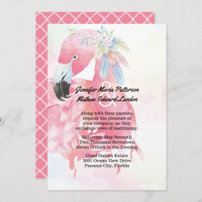 Convite para Casamento Flamingo Rosa (Frente/Verso)