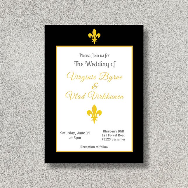 Convite para Casamento Fleur de Lis, Dourado e Pre (Black & Gold Fleur de Lis Wedding Invitation)