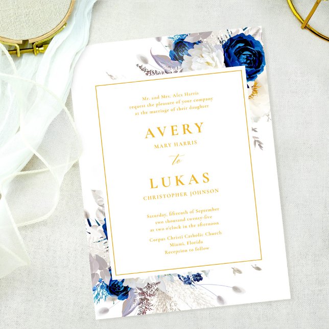 Convite para Casamento Floral Amarelo e Azul Elega (Criador carregado)