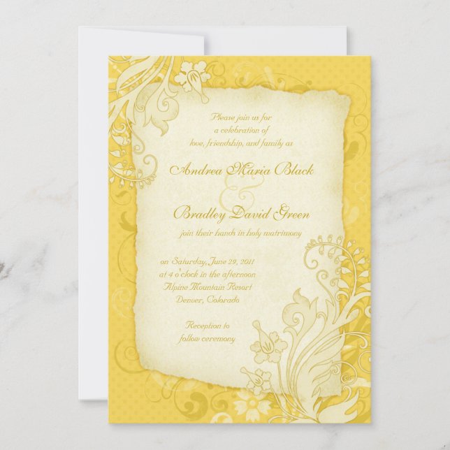 Convite para Casamento Floral Amarelo e de Marfim (Frente)