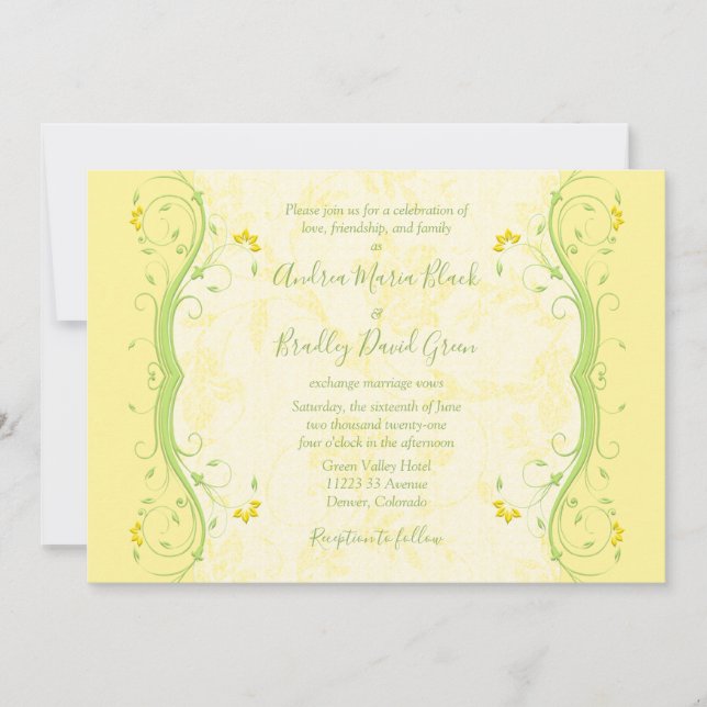 Convite para Casamento Floral Amarelo e Verde (Frente)
