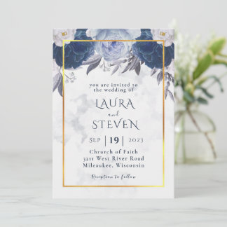 Convite para Casamento Floral Azul de Cinza Posta