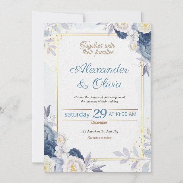 Convite para Casamento Floral Azul e Dourado (Frente)