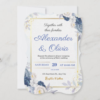 Convite para Casamento Floral Azul e Dourado